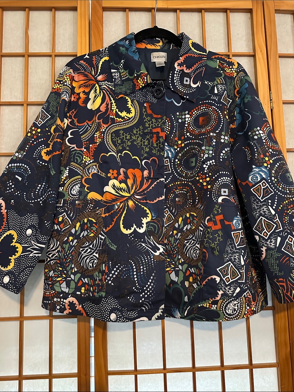 Chico's Navy Multicolor Floral Print Jacket